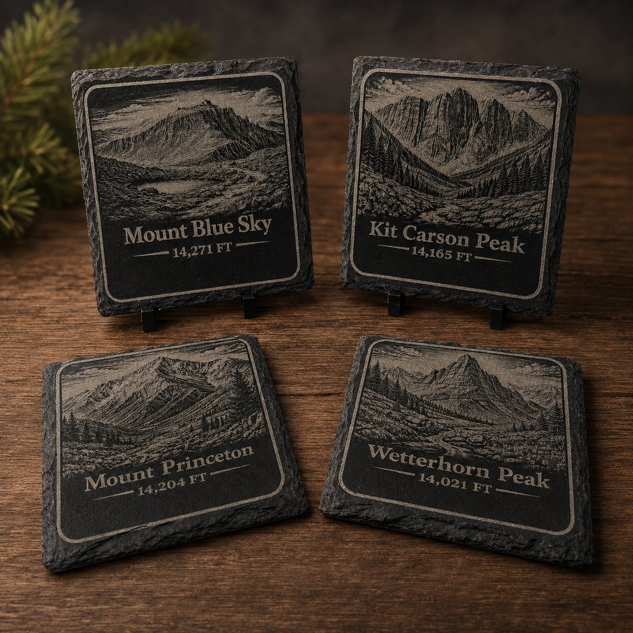 Scenic engraved slate coaster set