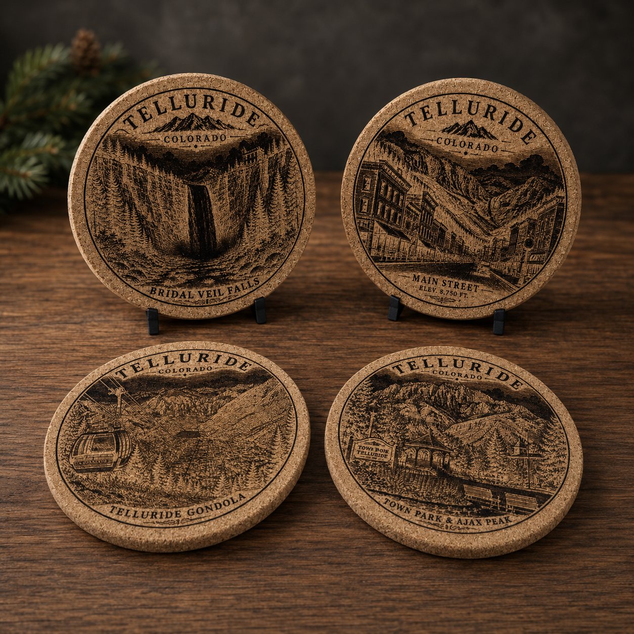 Engraved mountain cork coasters