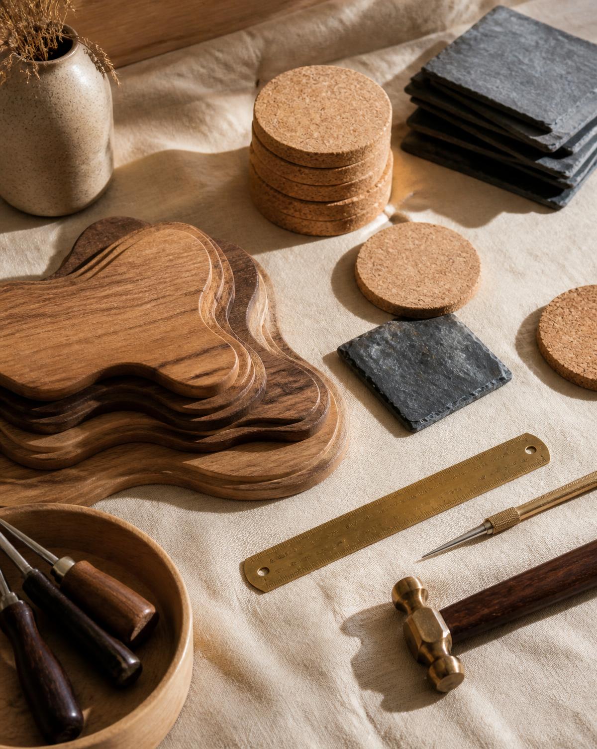 Layered wood cut-outs, cork rounds, slate tiles and hand tools on linen