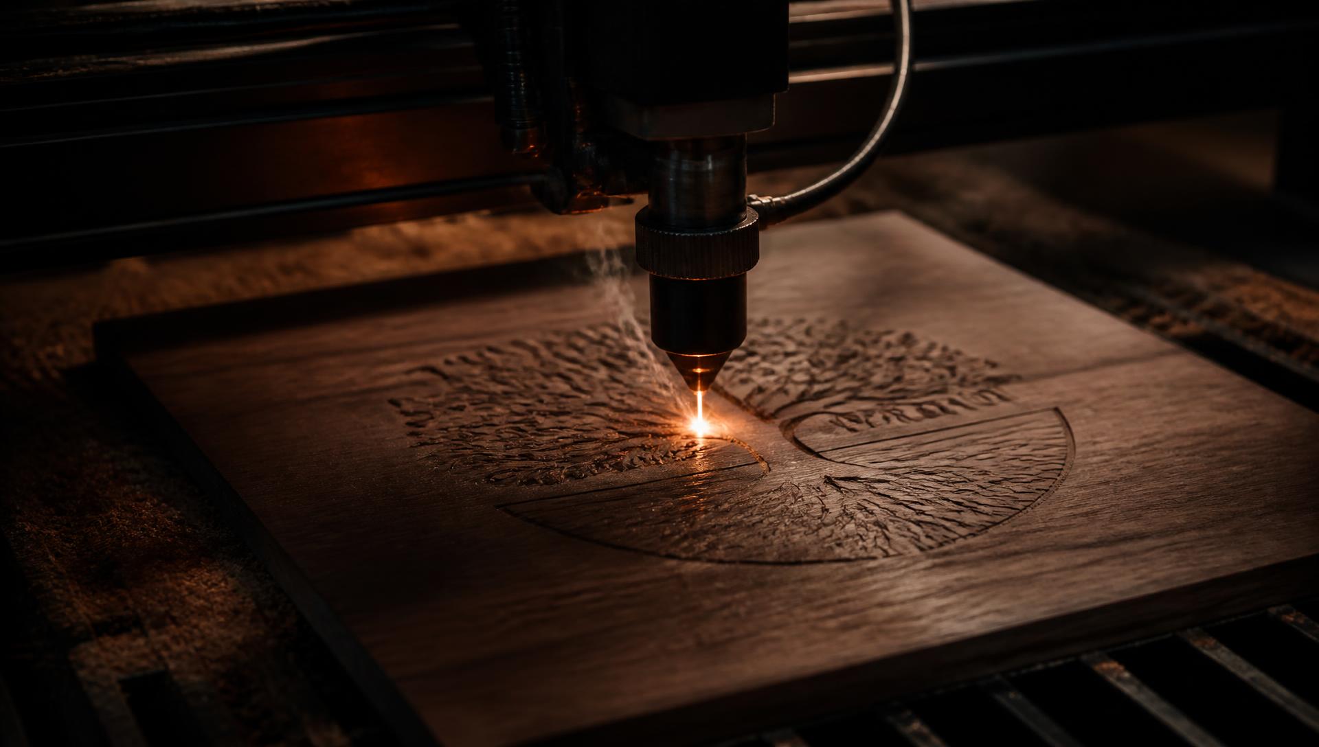 A laser engraving fine detail into a walnut panel