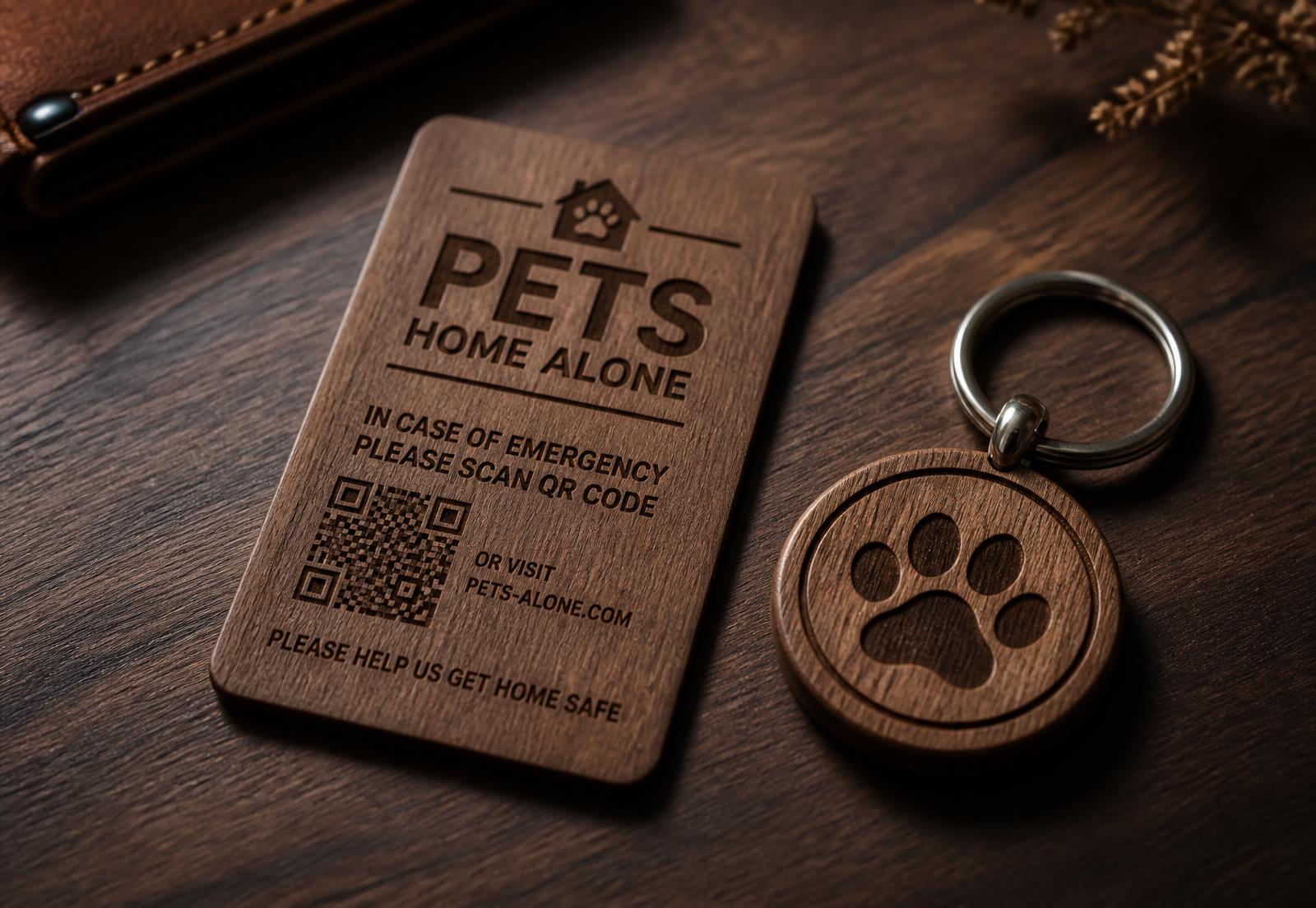 Engraved Pets Home Alone wallet card beside a matching paw print keychain